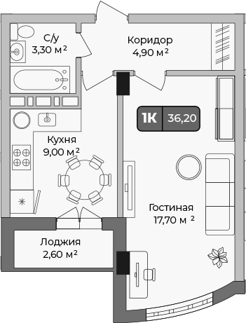 1-комн., 34.9 м², 7/9 этаж, ЖК «Опера»