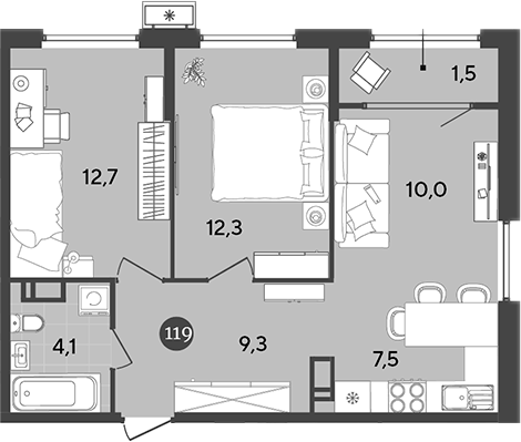 3-комн., 55.9 м², 10/18 этаж, ЖК «Порто-Ново»