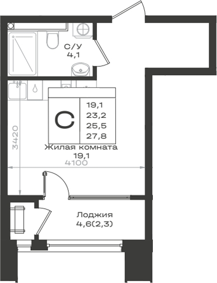Студия, 23.2 м², 2/14 этаж, ЖК «Нагория»