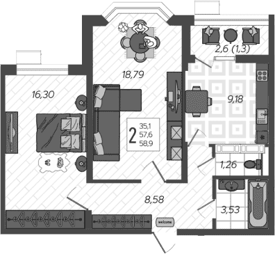 2-комн., 57.6 м², 1/9 этаж, ЖК «AVAnta»