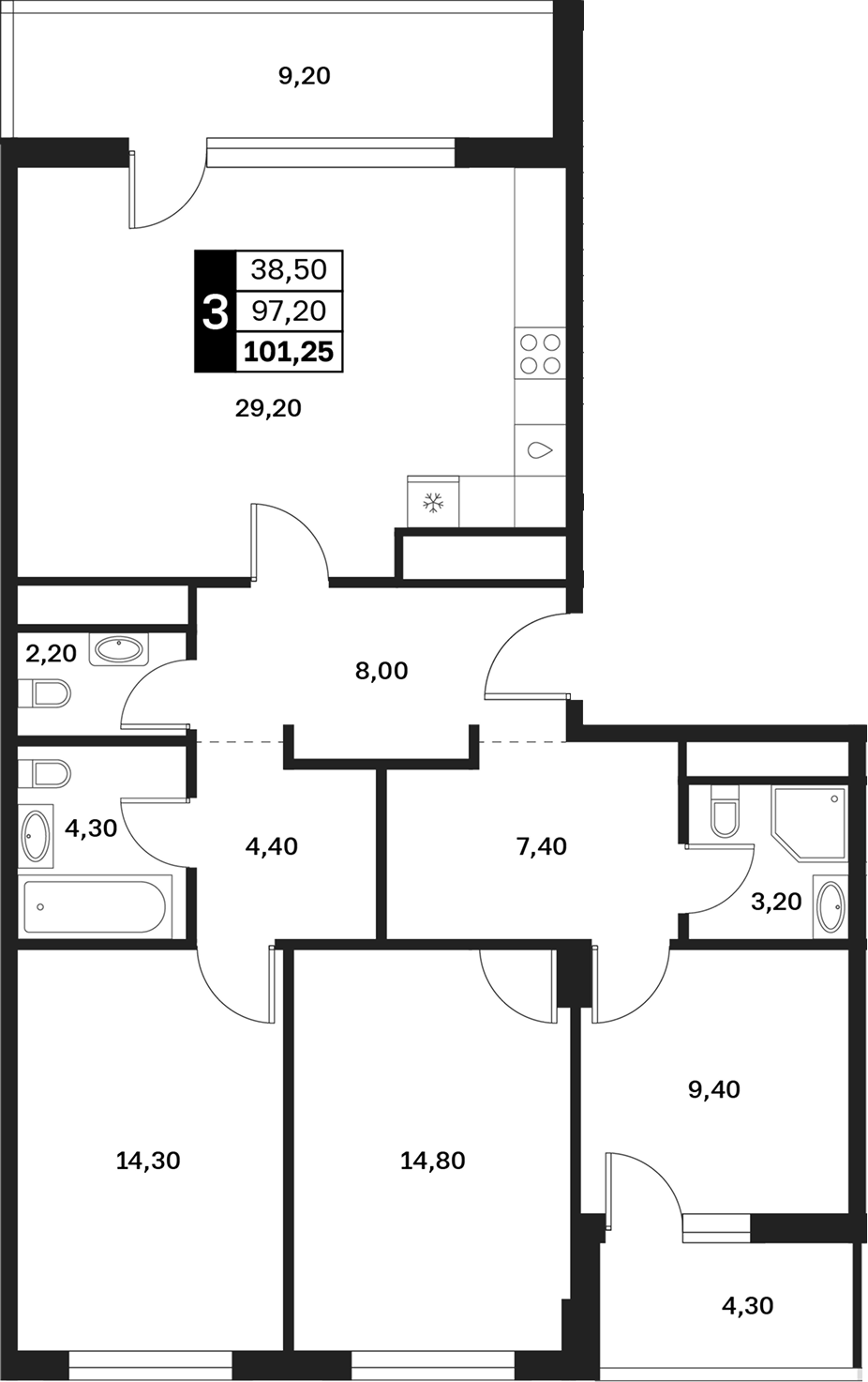 3-комн., 97.2 м², 9/9 этаж, ЖК «Аксис Патриот»