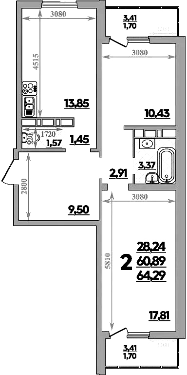 2-комн., 60.89 м², 5/9 этаж, ЖК «Романовский»