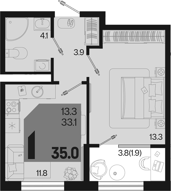 1-комн., 33.1 м², 5/9 этаж, ЖК «Первое место»