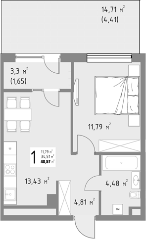 1-комн., 34.51 м², 3/9 этаж, ЖК «Коллекция»