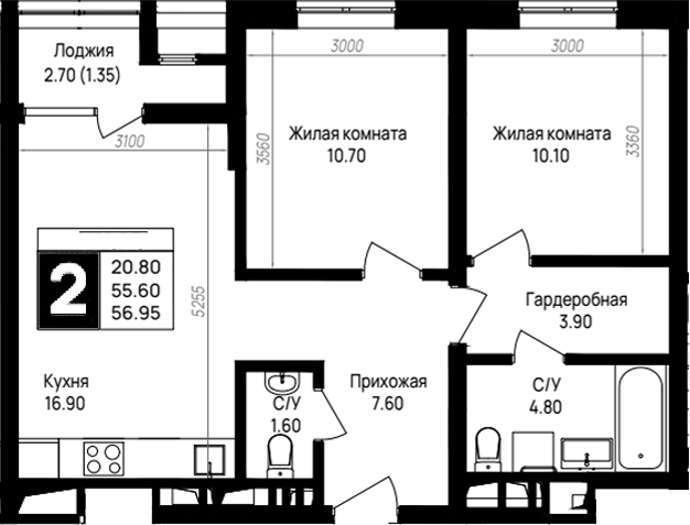 2-комн., 55.6 м², 9/9 этаж, ЖК «На высоком берегу»