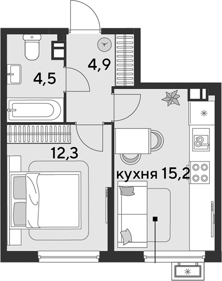 2-комн., 36.9 м², 7/9 этаж, ЖК «Парк Победы»
