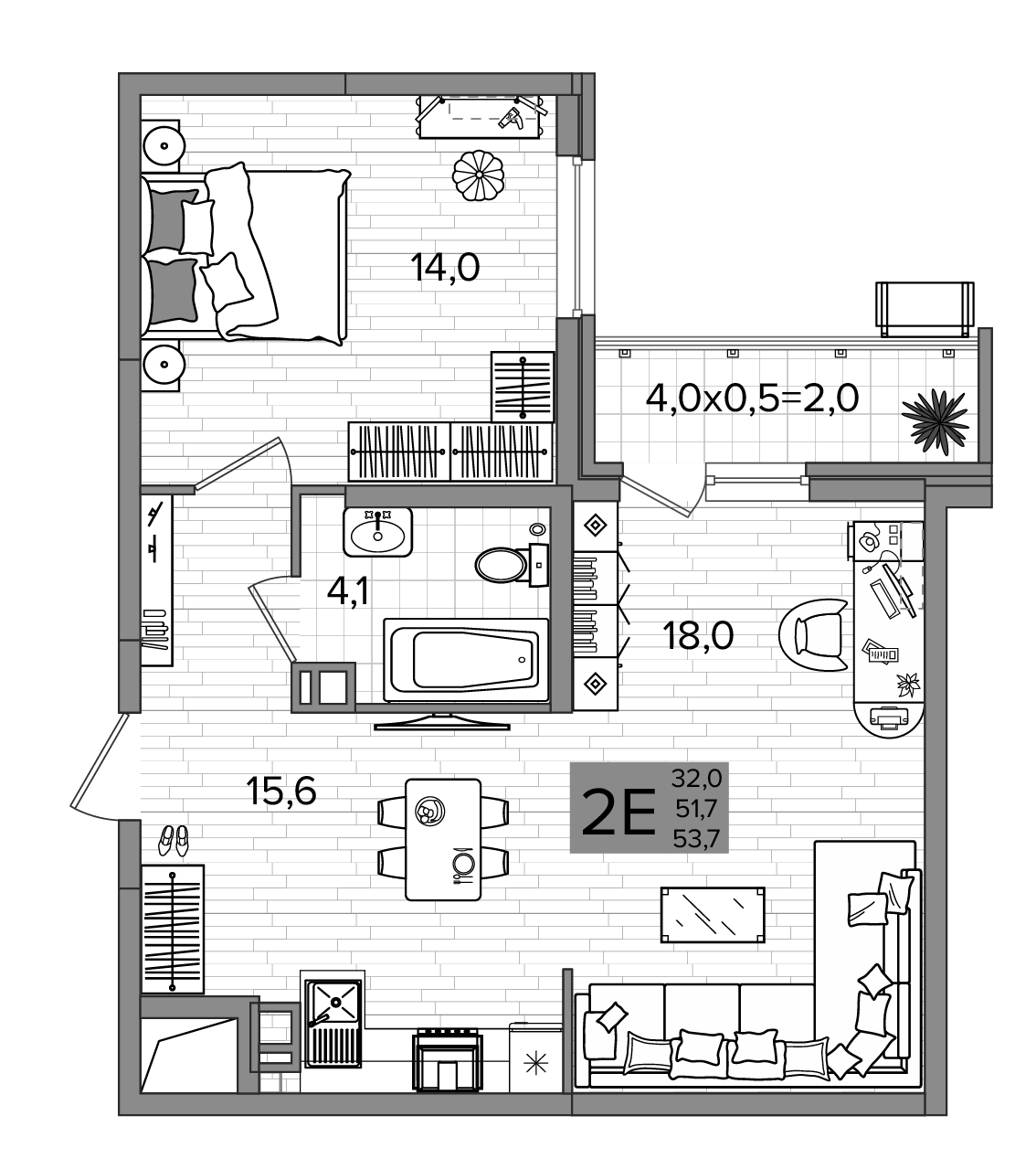 2-комн., 51.7 м², 3/16 этаж, ЖК «Сармат»