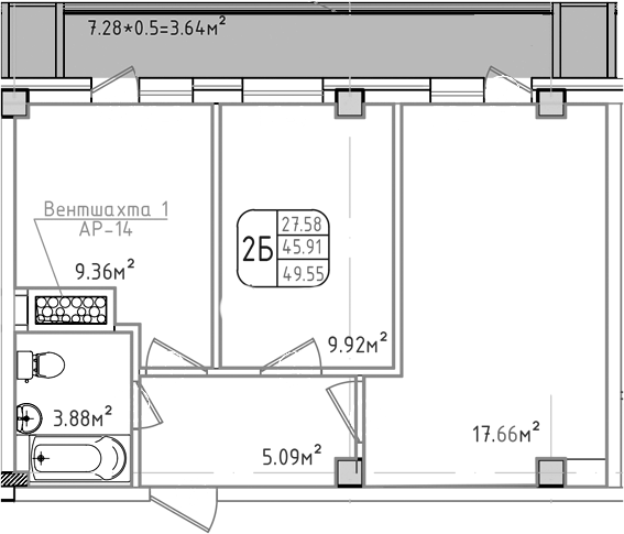 2-комн., 45.91 м², 6/8 этаж, ЖК «Моё»