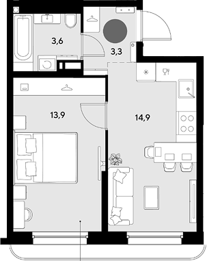 1-комн., 35.7 м², 4/16 этаж, ЖК «Грейд»