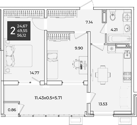 2-комн., 49.55 м², 13/18 этаж, ЖК «Образцово»