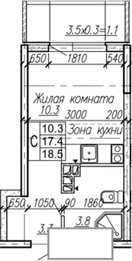 Студия, 17.4 м², 3/4 этаж, ЖК «Дзенпарк»