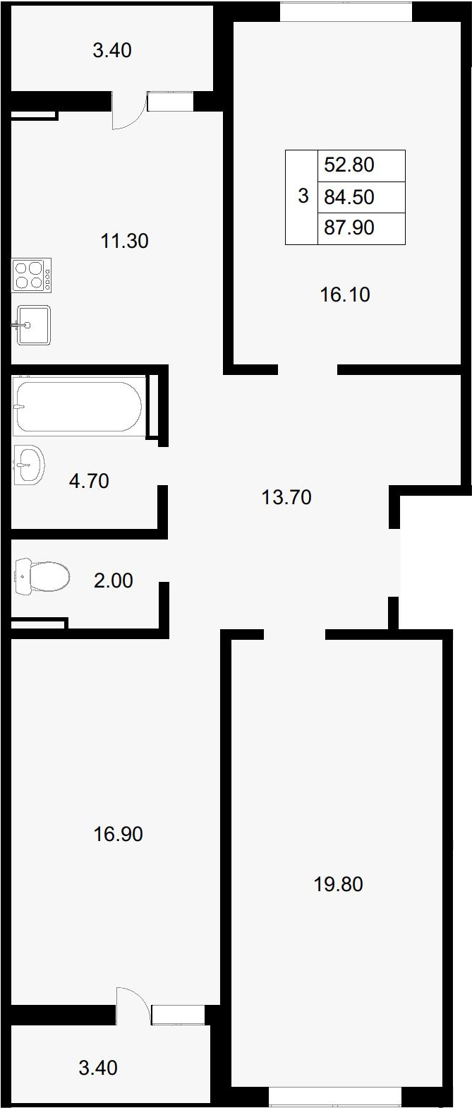 3-комн., 84.5 м², 11/18 этаж, ЖК «Парк у дома»