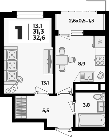 1-комн., 31.3 м², 4/8 этаж, ЖК «Родной дом 5»