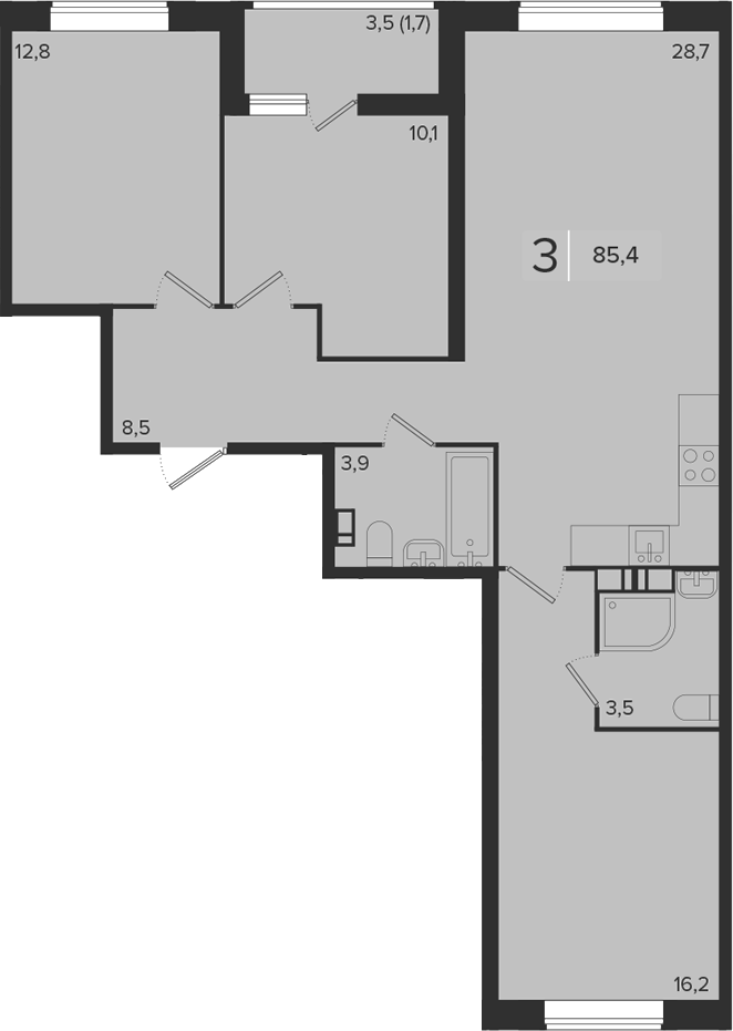 3-комн., 83.7 м², 3/18 этаж, ЖК «Эрмитаж»