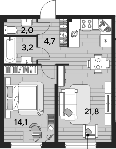 1-комн., 45.8 м², 2/16 этаж, ЖК «DОГМА ПАРК»