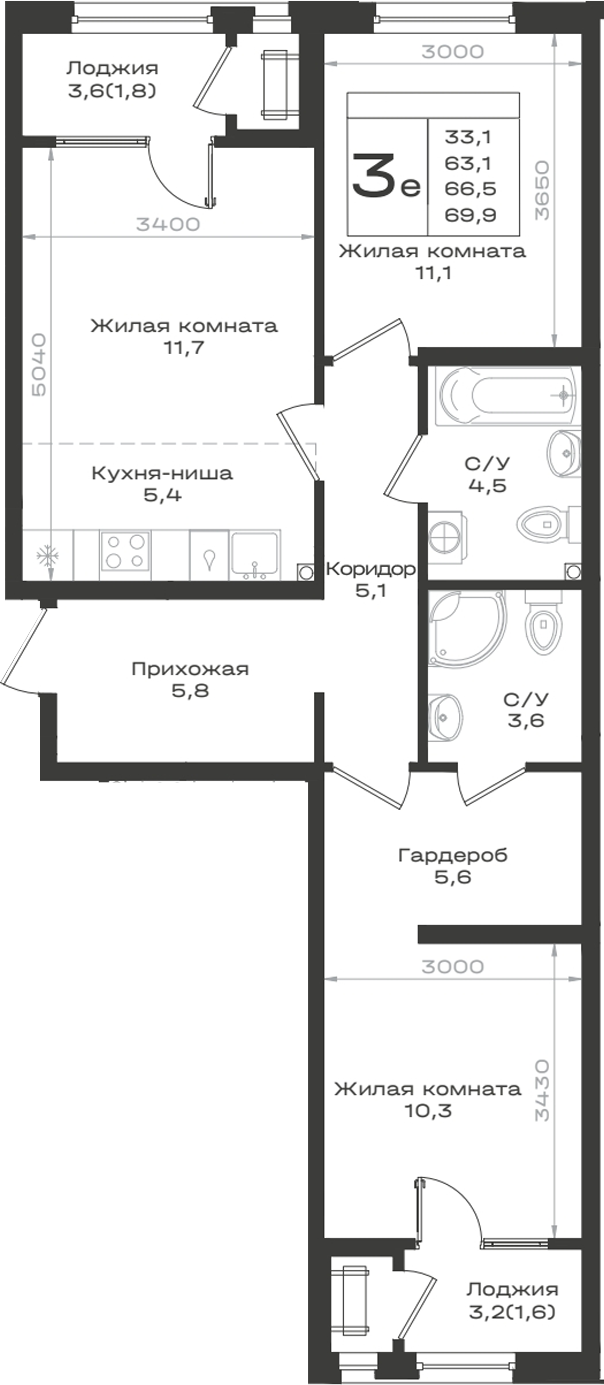 3-комн., 63.1 м², 2/9 этаж, ЖК «Нагория»