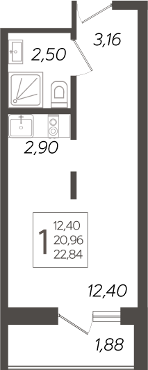 Студия, 20.96 м², 19/19 этаж, ЖК «Кислород»