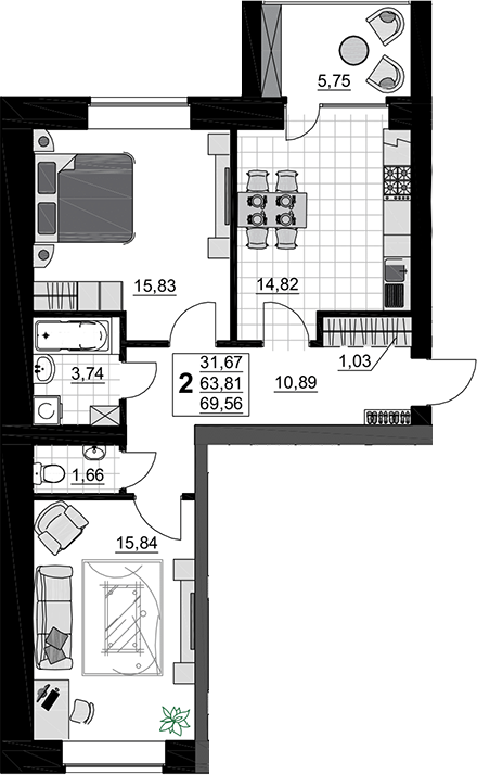 2-комн., 63.81 м², 2/5 этаж, ЖК «Символ. СЗ Тихорецкгазстрой»