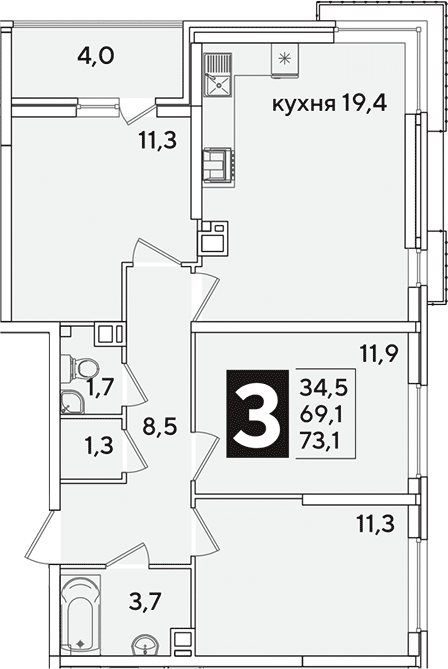 4+ комнаты, 69.1 м², 8/16 этаж, ЖК «Самолет»