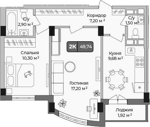 2-комн., 48.78 м², 7/9 этаж, ЖК «Опера»