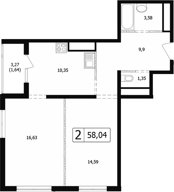 2-комн., 55.16 м², 3/24 этаж, ЖК «Парусная регата»