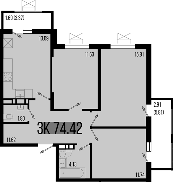 Продается 3-комн. квартира, 69.82 м²