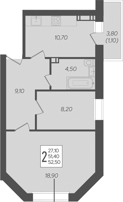 2-комн., 51.4 м², 2/6 этаж, ЖК «Ярославский»