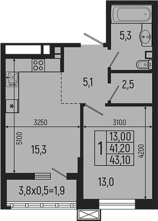 2-комн., 41.2 м², 2/7 этаж, ЖК «Звезды»
