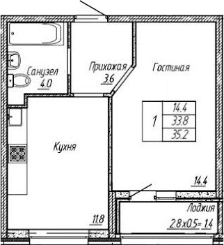 1-комн., 33.8 м², 2/18 этаж, ЖК «Архитектор. ГК ЮгСтройИнвест»