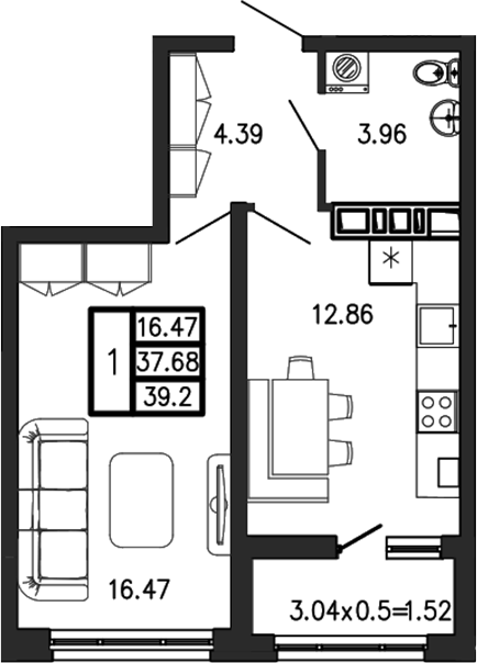 1-комн., 37.68 м², 1/7 этаж, ЖК «Суворов»