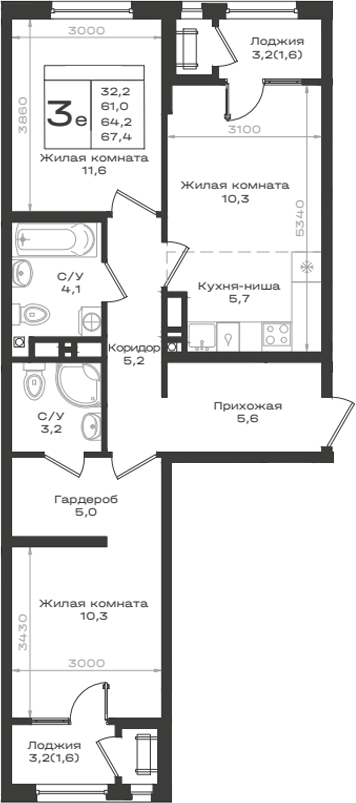 3-комн., 61 м², 7/12 этаж, ЖК «Нагория»