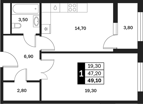 1-комн., 47.2 м², 7/15 этаж, ЖК «Аксис Патриот»