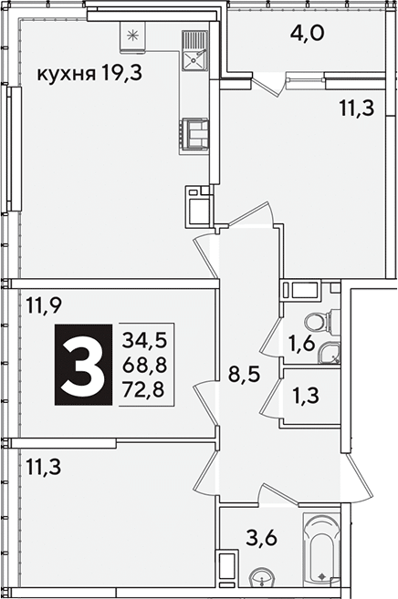 4+ комнаты, 68.8 м², 15/16 этаж, ЖК «Самолет»