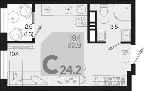 Студия, 22.9 м², 11/18 этаж, ЖК «Первое место»