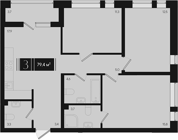 3-комн., 77.55 м², 2/9 этаж, ЖК «Эрмитаж»