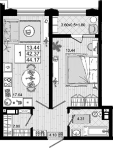 1-комн., 42.37 м², 3/8 этаж, ЖК «Резиденция морей»