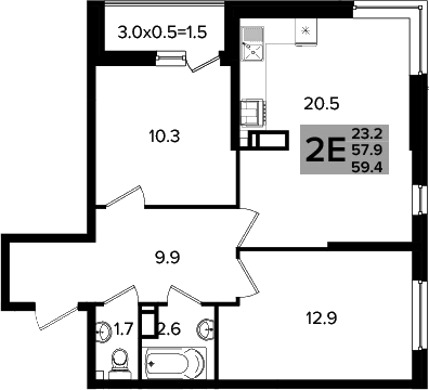 3-комн., 57.9 м², 13/16 этаж, ЖК «Сармат»