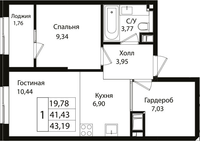 2-комн., 41.43 м², 14/18 этаж, ЖК «Патрики»