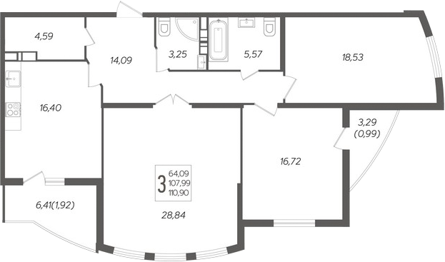 3-комн., 107.99 м², 2/20 этаж, ЖК «Альфа. АСК»