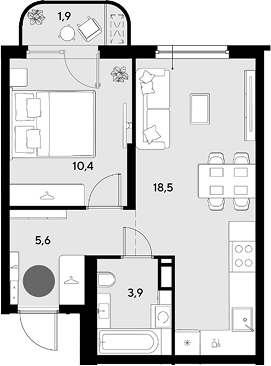 2-комн., 38.4 м², 3/9 этаж, ЖК «Грейд»