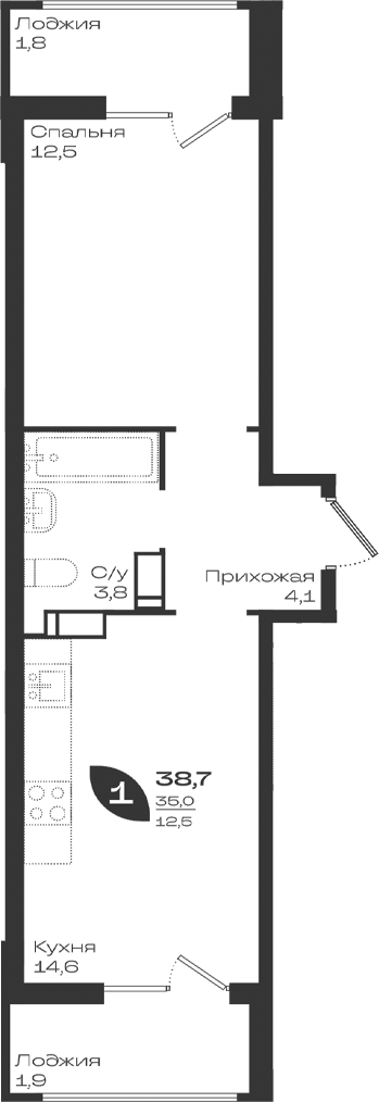 1-комн., 35 м², 15/18 этаж, ЖК «Ботаника»