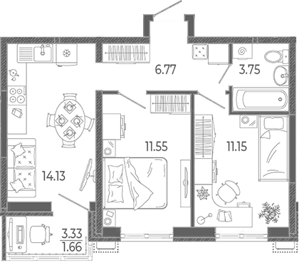 2-комн., 47.35 м², 15/21 этаж, ЖК «Эстет»