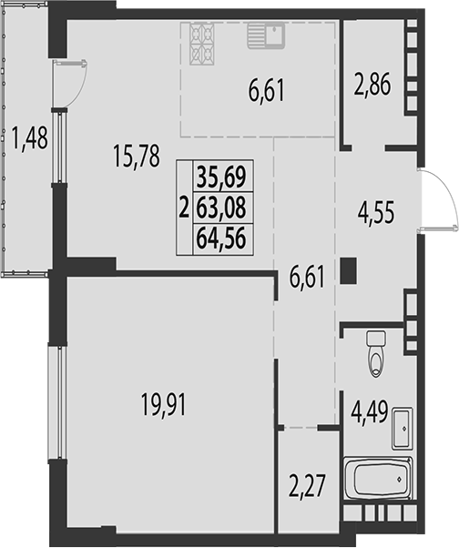 2-комн., 63.08 м², 2/5 этаж, ЖК «жилой квартал «Белые Росы (Динская)»»