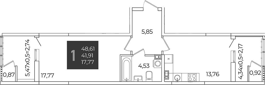 1-комн., 41.91 м², 6/21 этаж, ЖК «Образцово»
