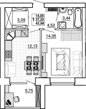 1-комн., 37.23 м², 2/5 этаж, ЖК «Новый Город. СЗ Премьерстрой»