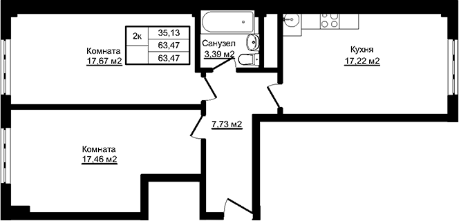 2-комн., 63.47 м², 1/12 этаж, ЖК «Южный парк. СЗ Корона»