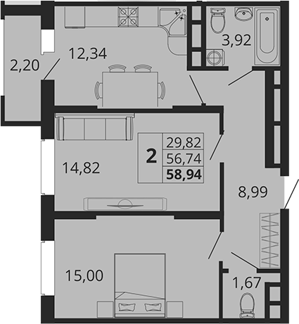 2-комн., 56.74 м², 2/18 этаж, ЖК «Родные Просторы»