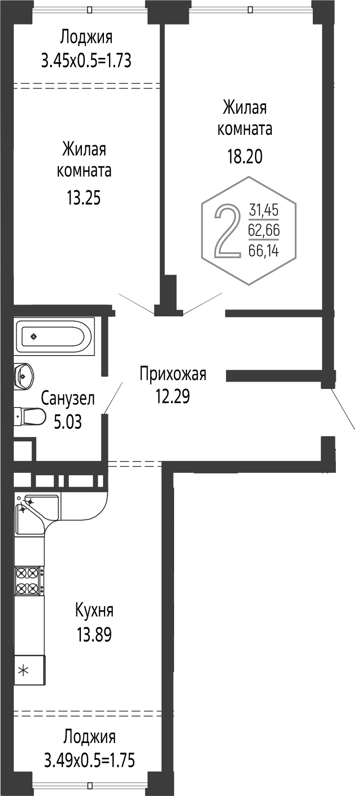 2-комн., 62.66 м², 13/16 этаж, ЖК «Гарантия PRIME»