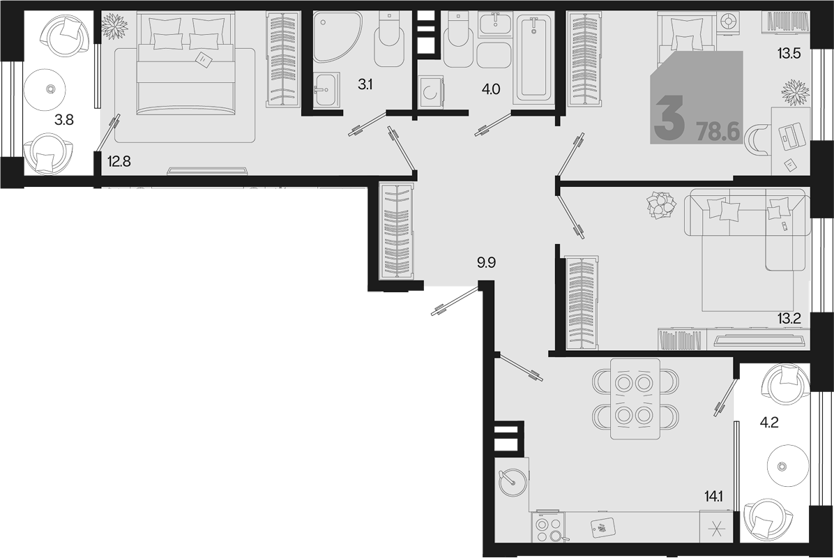 3-комн., 70.6 м², 4/9 этаж, ЖК «Первое место»