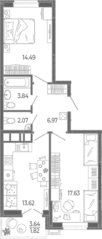 2-комн., 58.62 м², 6/21 этаж, ЖК «Эстет»